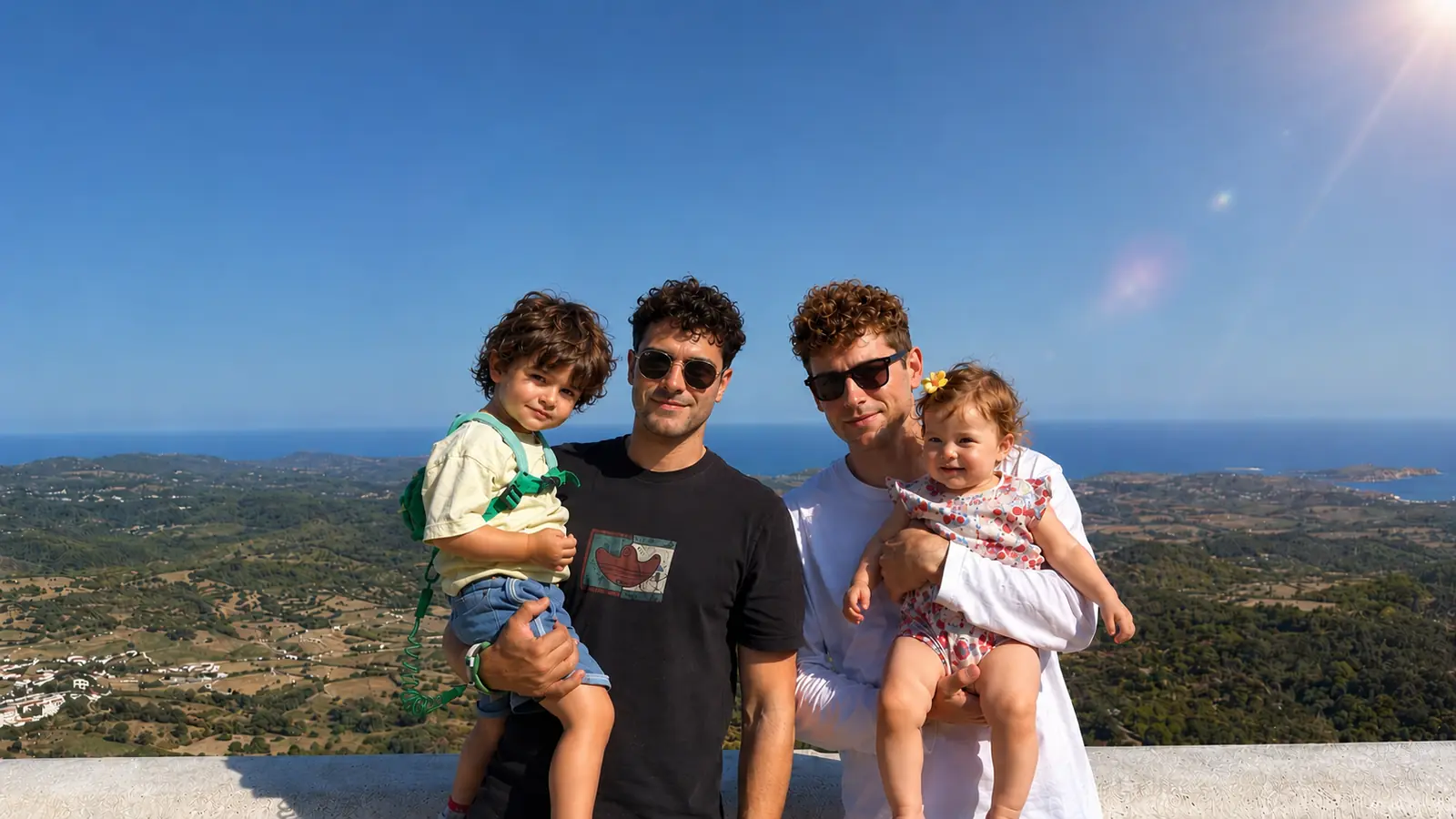 The four of us on a hilltop above the coast — one of us holding our son, the other holding our daughter, farmland and sea behind us.